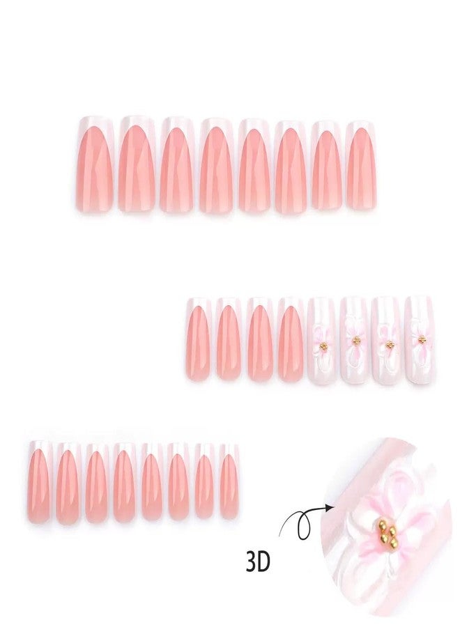 CTTHNBD Press on Nails Medium Square Fake Nails French Tip False Nails with 3D Pink Flower Design Glossy Glue on Nails Ombre Acrylic Nails Full Cover Stick on Nails for Women Spring Manicure 24Pcs - Image 4